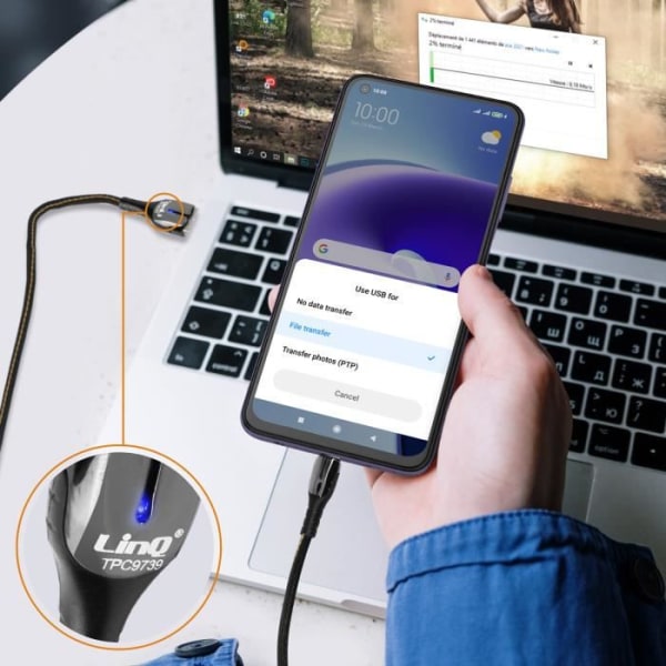USB til USB-C kabel 1,2m 5A 20W hurtig opladning Lys opladningsindikator LinQ Sort