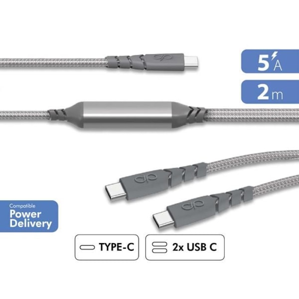 Ultra-forstærket USB C/USB C + USB C Duo-kabel 2m 100W Grå - Force Power Livstidsgaranti