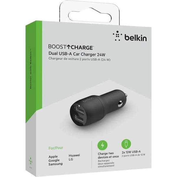 Biloplader - BELKIN - Boost Charge - 2 porte USB-A - 12W - Hvid Sort