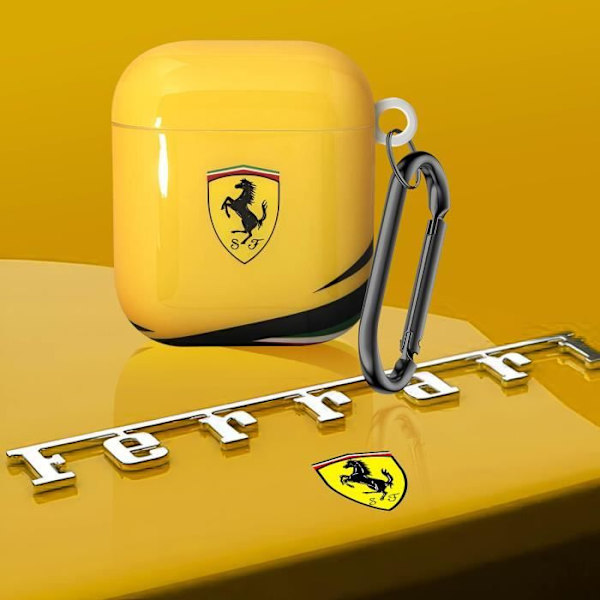 Kotelo AirPods 1:lle ja 2:lle, jäykkä silikoni Ferrari keltainen karabiini