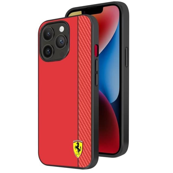 Coque - Ferrari - iPhone 14 Pro Max - Bi-materiale - Carbon-effekt - Kompatibel med QI Röd