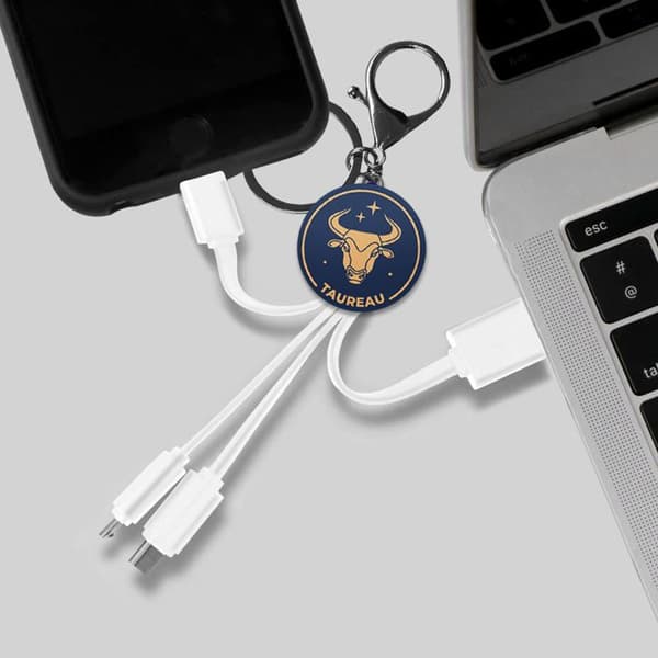 Nyckelringskabel - AVIZAR - YELLO KOKO - 3-i-1 Micro-USB/USB-C/Lightning - 15 cm - Vit