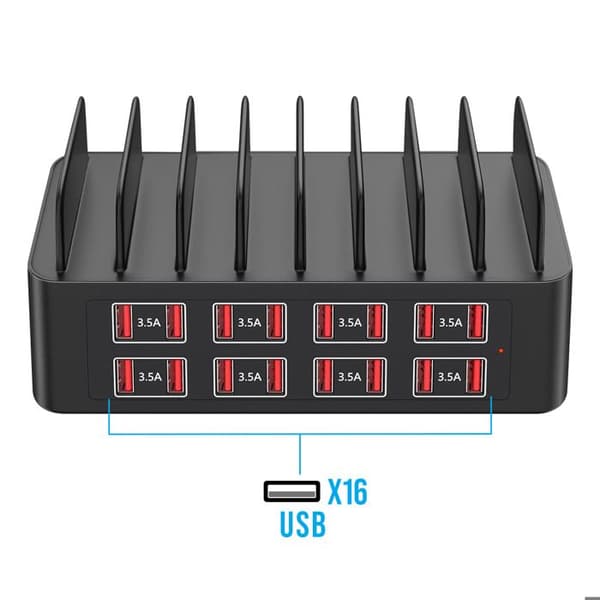 Ladestation 150W 16x USB Hurtig Opladning Antiskrid Støtte Sort