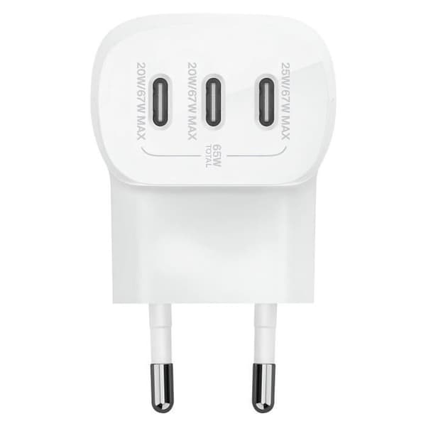 Nettadapter - Belkin - BoostCharge - 67W - 3 USB-C porte - Kompakt design Vit