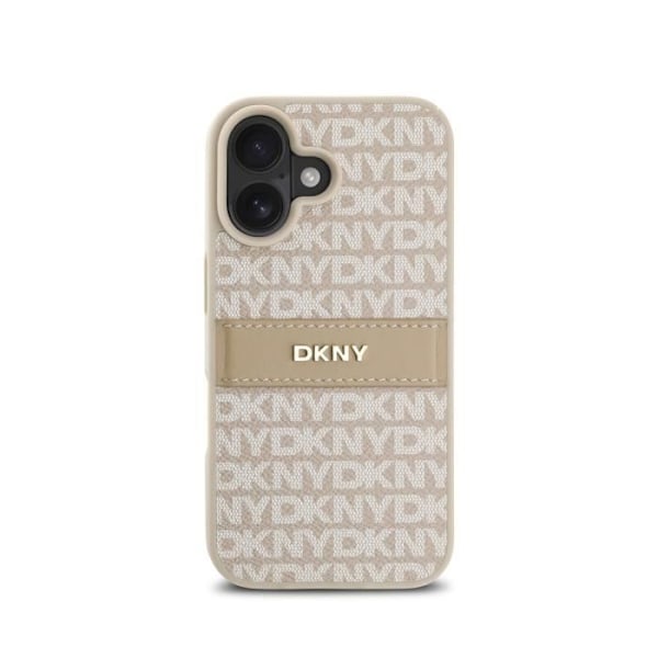 Coque för iPhone 16 Plus Serie Repeat Pattern Tonal Stripe med Metalliskt DKNY-logotyp Rosa Vit