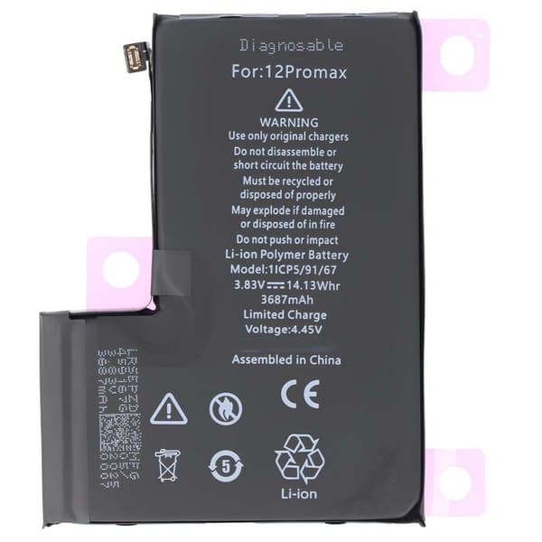 Batteri - AVIZAR - iPhone 12 Pro Max - Li-Polymer 3687mAh - 3,83V - Diagnostisk Svart