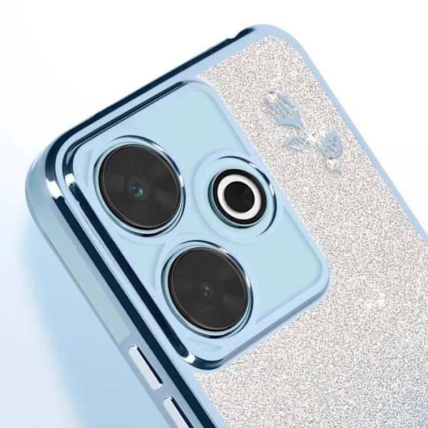 Silikonetui til Xiaomi Redmi 13 glitterblomster og lyseblå rhinsten Blå