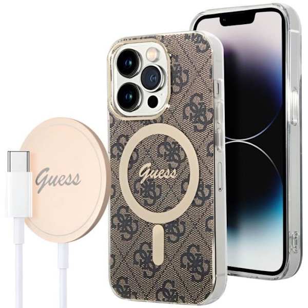 MagSafe Pack för iPhone 14 Pro Max Pattern Case och MagSafe Charger Guess Gold Gul