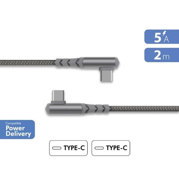 Ultraforstærket USB C/USB C vinklet kabel 2m 60W Grå - Force Power Livstidsgaranti