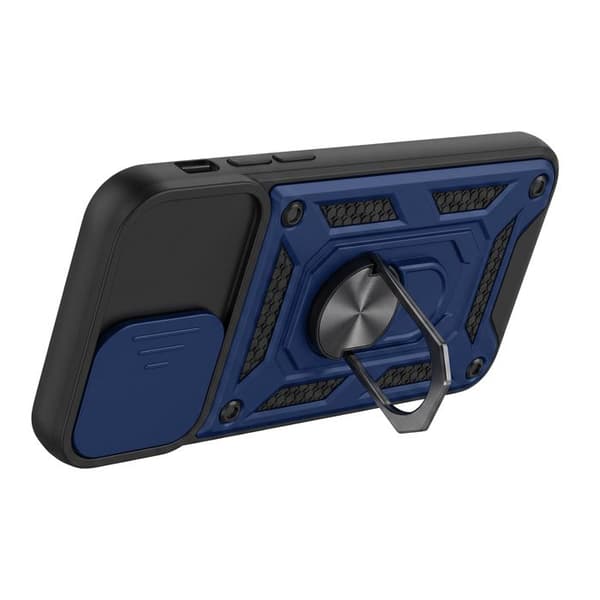iPhone 14 Cover med Rotérbar Magnetring og Skydelåg til Kamera Mayaxess Mørkeblå Blå