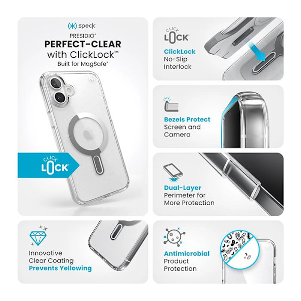 Speck Presidio Perfect Clear ClickLock & MagSafe-cover til iPhone 16 Plus (klar/krom finish/Serene sølv)