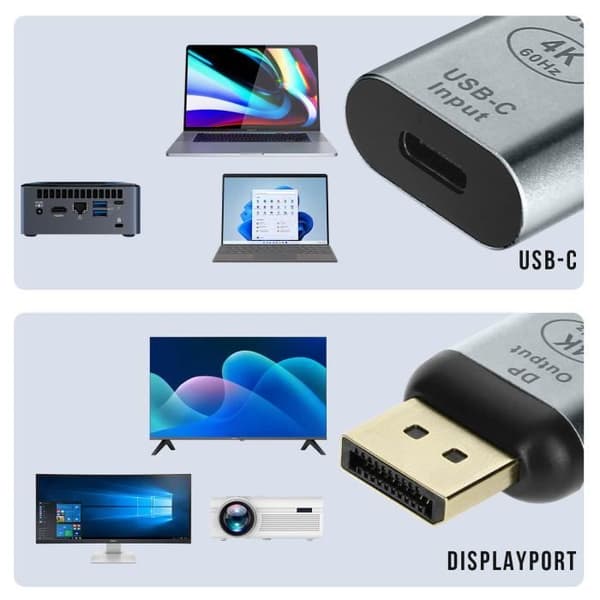 Videoadapter - Kompakt Design - USB-C hun til DisplayPort han - 4K 60Hz - Aluminium Grå