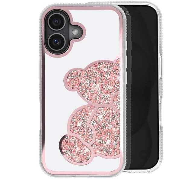 Cover til iPhone 16 - AVIZAR - Glitrende bjørn - Rosa - Holdbart silikone - Forstærket beskyttelse Rosa