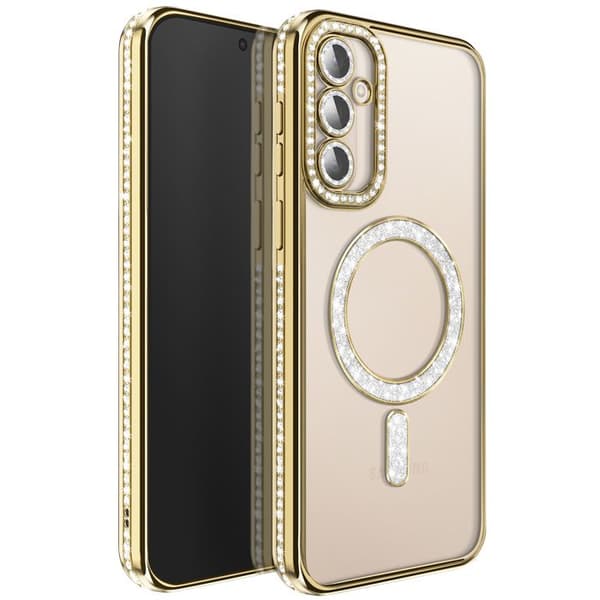 Diamantetui til Galaxy S26 Plus med magnetisk ring og gyldent strasskant Gul