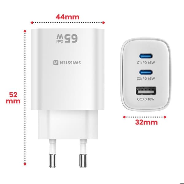 Lader 2 USB-C 65W Power Delivery og USB-A Quick Charge 3.0 18W Swissten Hvid Vit
