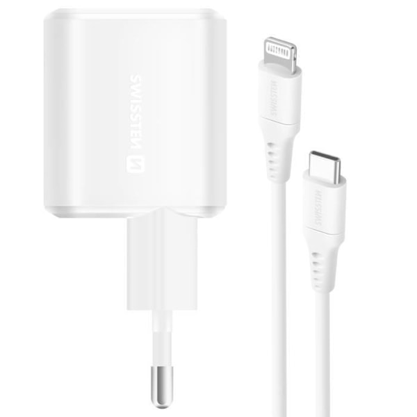 Kompakt 20W GaN USB C-laddare med 1,2m Lightning-kabel Swissten White Vit