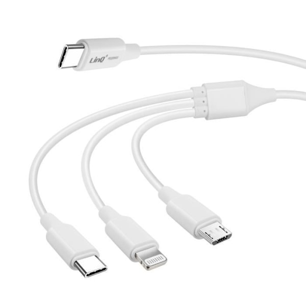 3 in 1 USB-C-mikro-USB-kaapeli iPhone Lightning USB Type C PD 20W LinQ White