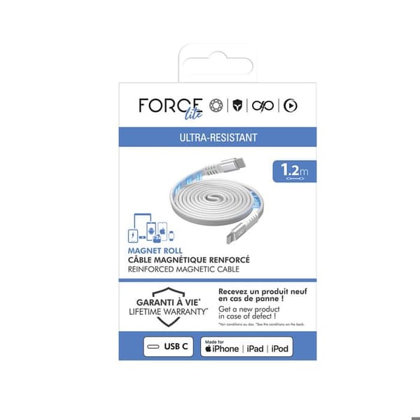 USB-kabel - FORCE POWER - Förstärkt magnetisk USB-C till Lightning - 60W PD 3A - Platt 1,2m - Vit