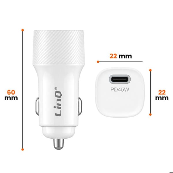 Bil laddare - LINQ - PPS USB-C 45W - Power Delivery (PD) - Överhettningsskydd - Kompakt vit Vit