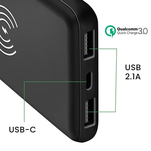 Batteri Ekstern 10000 mAh med Trådløs Opladning 2x USB 1x USB C Akashi Sort Svart