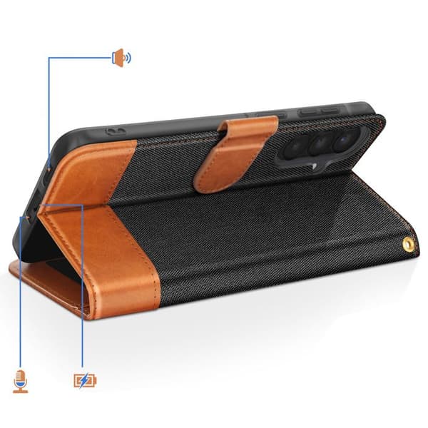 Pungetui til Galaxy A57 Denim Effekt med Magnetisk Klap Sort / Orange Svart/orange