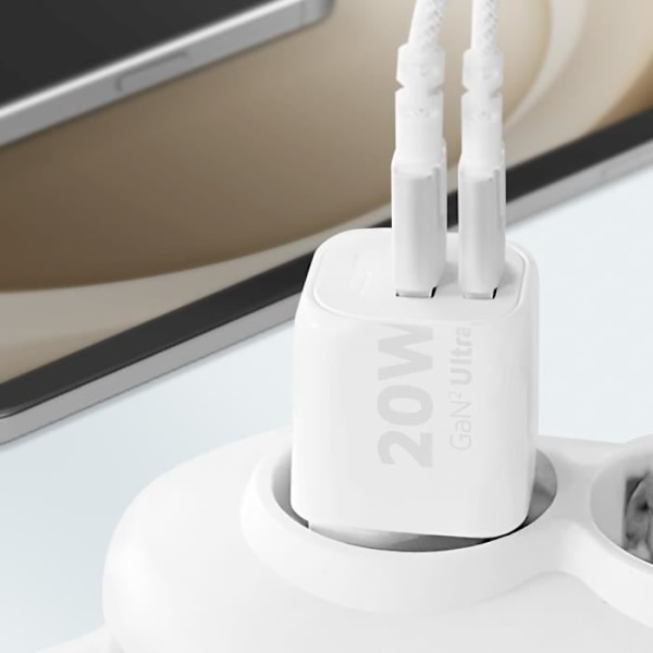 GaN² Sektorladdare 20W USB C + USB Kompaktformat Xtorm Vit Vit