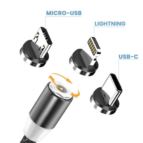 Magnetkabel 3-i-1 USB-C / Lightning / Micro-USB till USB-A 1m Svart