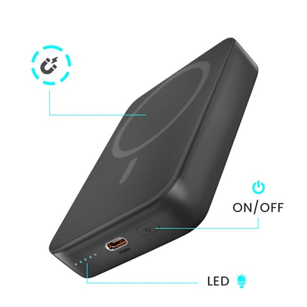 Extern Batteri MagSafe 10000mAh – USB-C Port 20W och Fällbart Stöd Bwoo Svart Svart