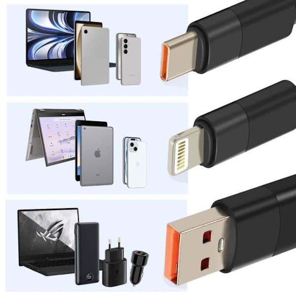 USB til Lightning og USB-C ladekabel - LINQ - 60W - 1,2 m - Apple og USB-C kompatibel Svart