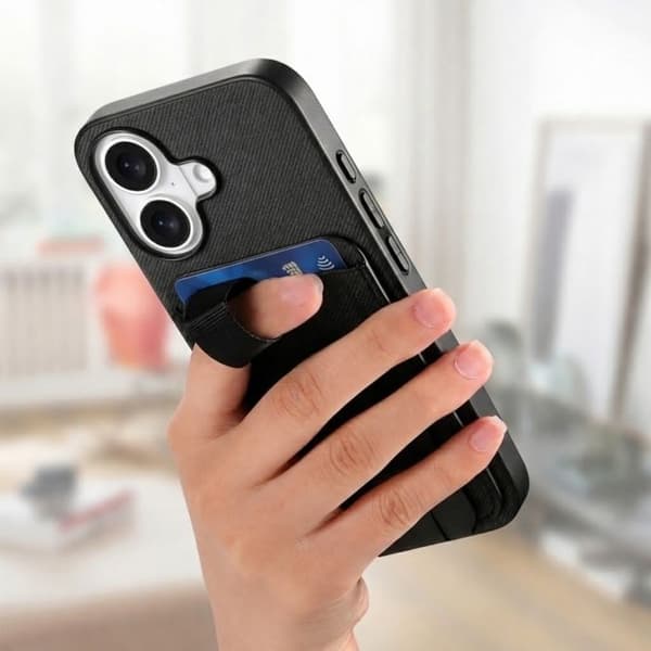 iPhone 17 Cover med Stofeffekt, Støtte og Kortholder i Sort Svart