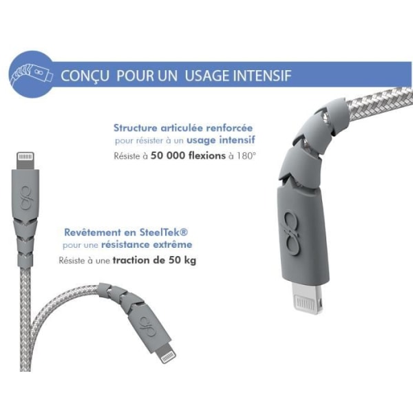 Ultraförstärkt USB C/Lightning-kabel 1,2m 3A Livstidsgaranti Grå - 100 % återvunnen plast Force Power