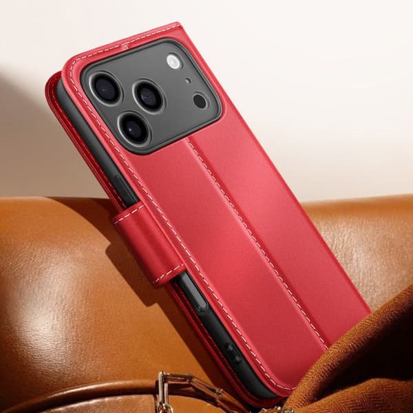 Premium Läder Plånboksfodral för iPhone 17 Pro med Ställfunktion Röd Röd