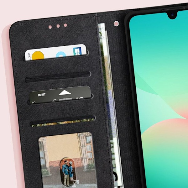 Samsung Galaxy A26: Musta Lompakko ja Video Tuki Perhospussukka Svart