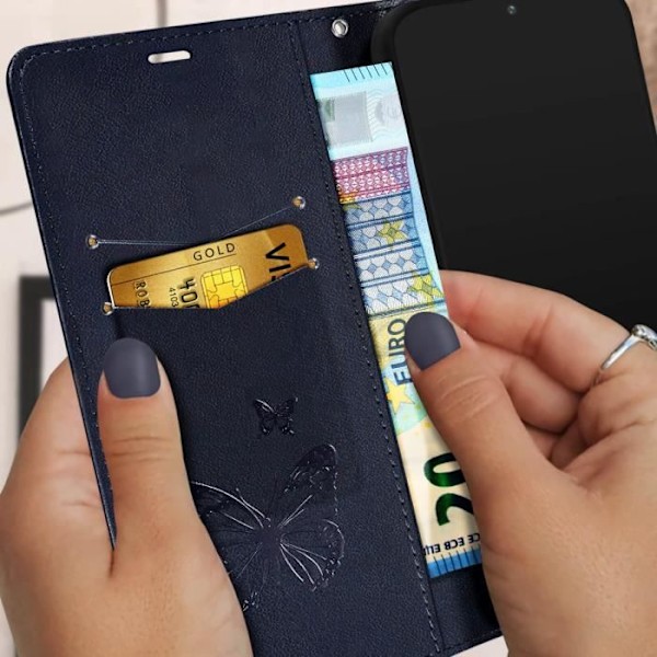 Fodral till Galaxy A14 5G - AVIZAR - Fjärilsmönster - Handledsrem för plånbok - Midnattsblå Nattblått