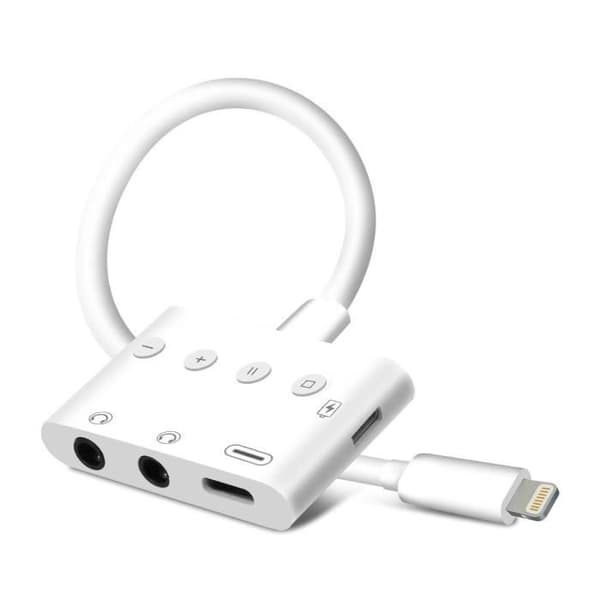 Adapter - Hvid - Lightning til Lightning, USB-C og Jack 3.5mm - 12 cm - Opladning og lyd samtidig