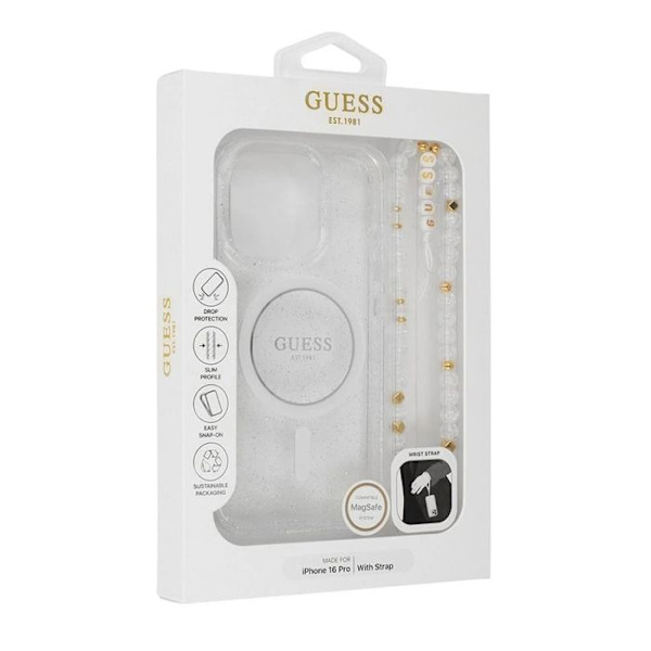 Coque Guess IML Glitter with pearlescent MagSafe bracelet for iPhone 16 Pro Max (läpinäkyvä) Transparent