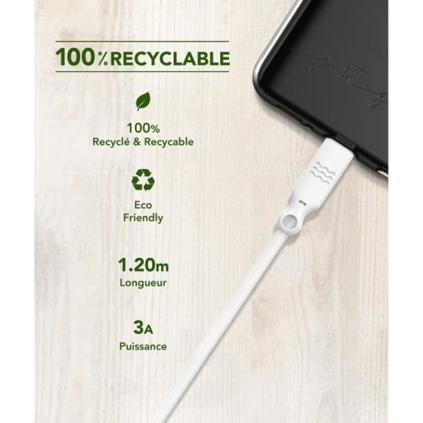 100 % återvinningsbar USB C/USB C-kabel 1,2m 3A Vit Just Green