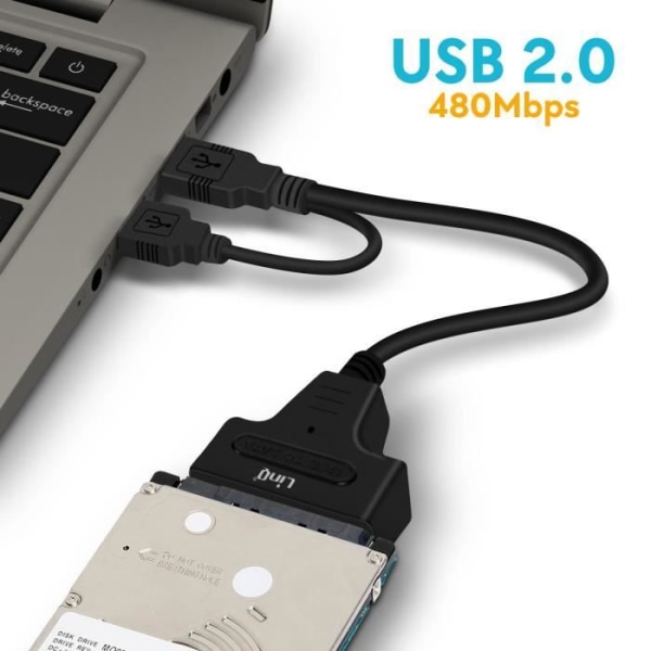 USB 2.0 - SATA- tai SSD-sovitinkaapeli 2,5 tuuman kompakti LinQ Black