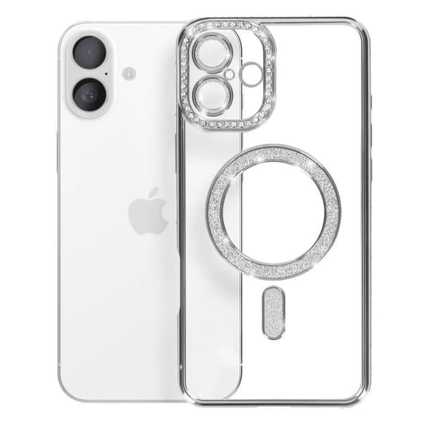 Cover - ADVARSEL - iPhone 16 - MagSafe Beskyttelse - Sølv Strass - Elegant Design Grå