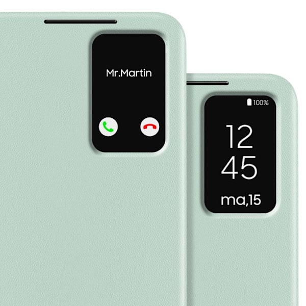 Læderetui til Galaxy S25 og S24 med visningsvindue og kortlomme i lys grøn Grön