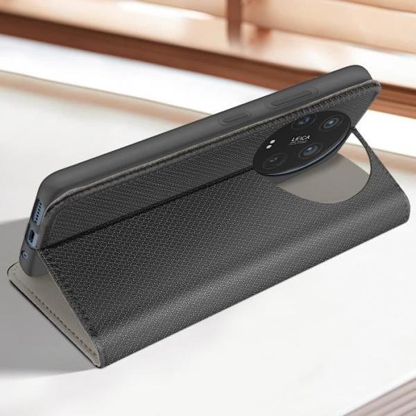Smartphonefodral - AVIZAR - Xiaomi 14 Ultra - Veganläder - Magnetisk flik - Integrerad kortficka Svart