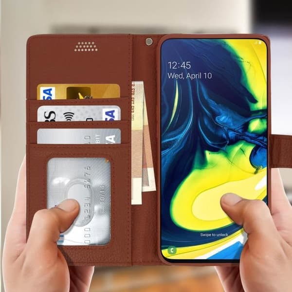 Kansi Samsung Galaxy A80 Folio Case Soft Touch Support Video Brown brun