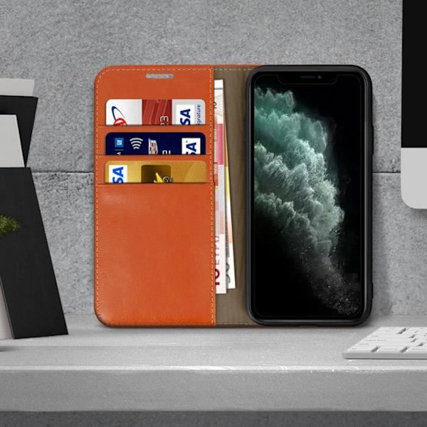 Foliofodral - AVIZAR - iPhone 11 Pro Max - Äkta läder - Videostöd - Kortfack Kamel