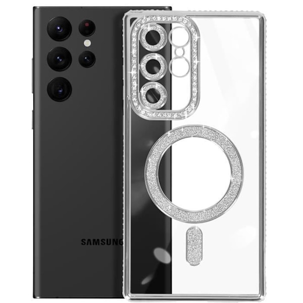 Coque - AVIZAR - Samsung Galaxy S22 Ultra - Rigide - Strass Silver - Kompatibel med MagSafe Grå