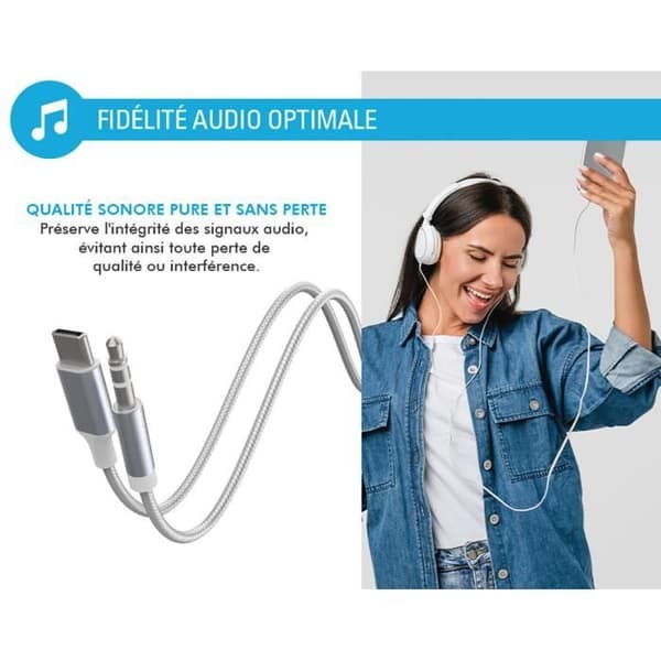 USB-C Ljudkabel - FORCE POWER - 1,2m - Förstärkt Vävd Nylon - Klar Ljud - 3,5mm Jack