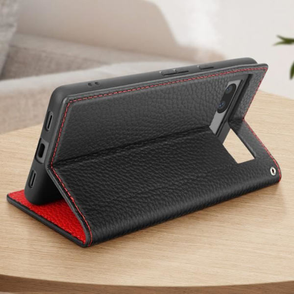 Google Pixel 7a ægte lædercover med Wallet Flip og Stand - Sort Svart