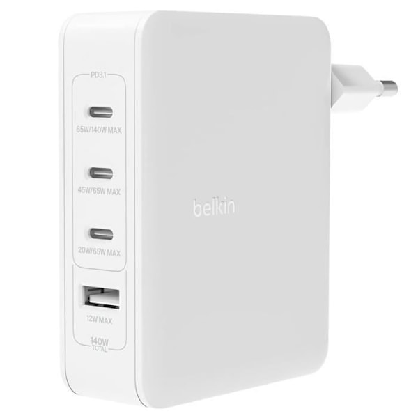 Belkin Hvid 140W GaN Ultra Hurtig 3x USB C og USB Strømforsyning Kompakt Format Vit