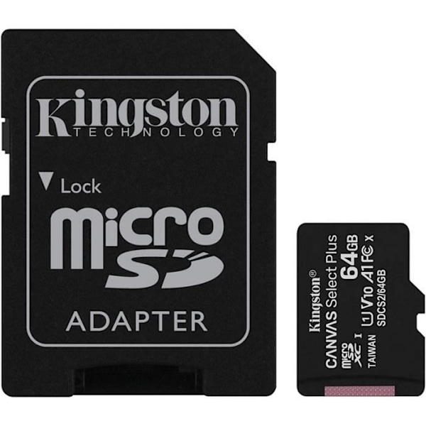 KINGSTON Canvas Select Plus SDCS2 64 Gt 64 Gt Micro SD -muistikortti luokka 10 A1 100 MB/s+ Mukana sovitin