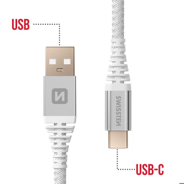 Kevlar USB-USB-C Latauskaapeli Nopea Lataus Swissten Valkoinen Vit