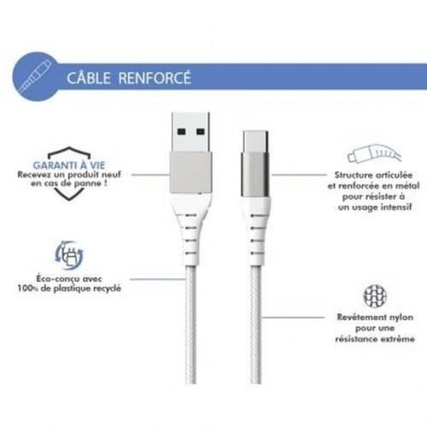 Förstärkt USB A/USB C-kabel 1,2m 3A 15W Motståndskraftig mot 12 000 böjningar Force Power Vit Vit